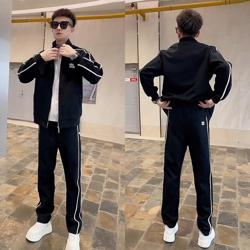 2025秋冬新款侧边织带两件套男韩版时尚潮牌立领外套卫裤运动套装
