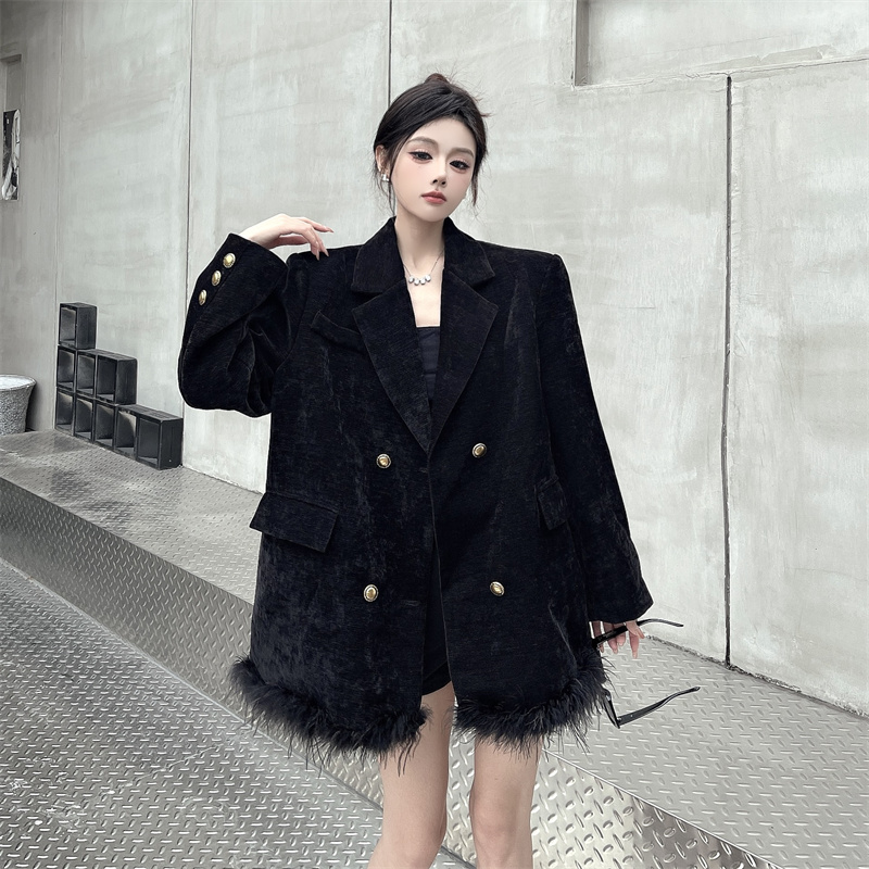 高级感轻奢雪尼尔西装外套气质名媛毛毛拼接宽松显瘦休闲百搭西服