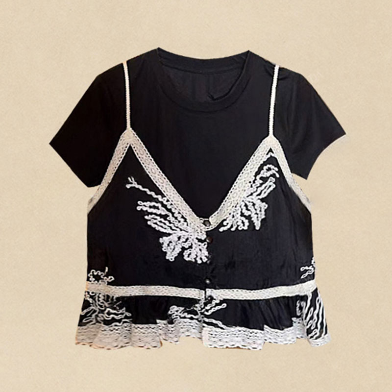 假两件拼接短袖时尚T恤女夏季2025年新款小众不撞款打底蕾丝上衣