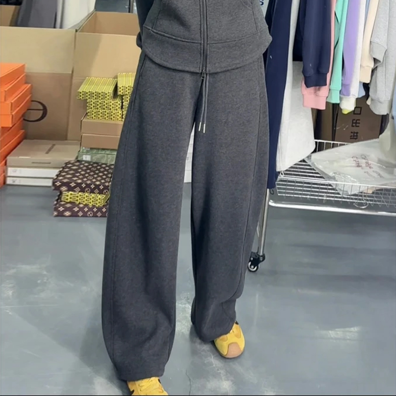 2025秋冬新款高腰抽绳时尚百搭直筒休闲裤女宽松垂感加绒阔腿卫裤
