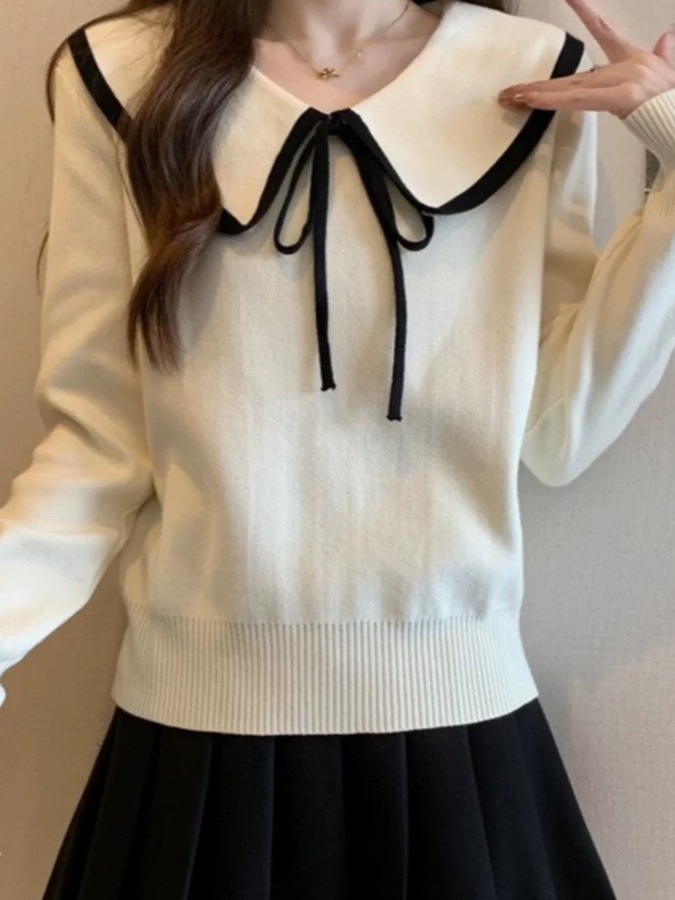 9087新款秋季韩版蝴蝶结娃娃领毛针织衫宽松上衣