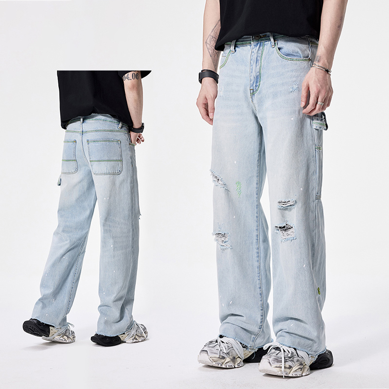 浅蓝色破洞牛仔裤男生2025夏季薄款宽松直筒高街潮流休闲长裤子男