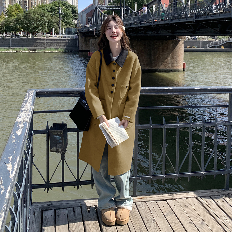 中长款双面羊绒大衣女秋冬新款复古气质撞色时尚宽松显瘦毛呢外套