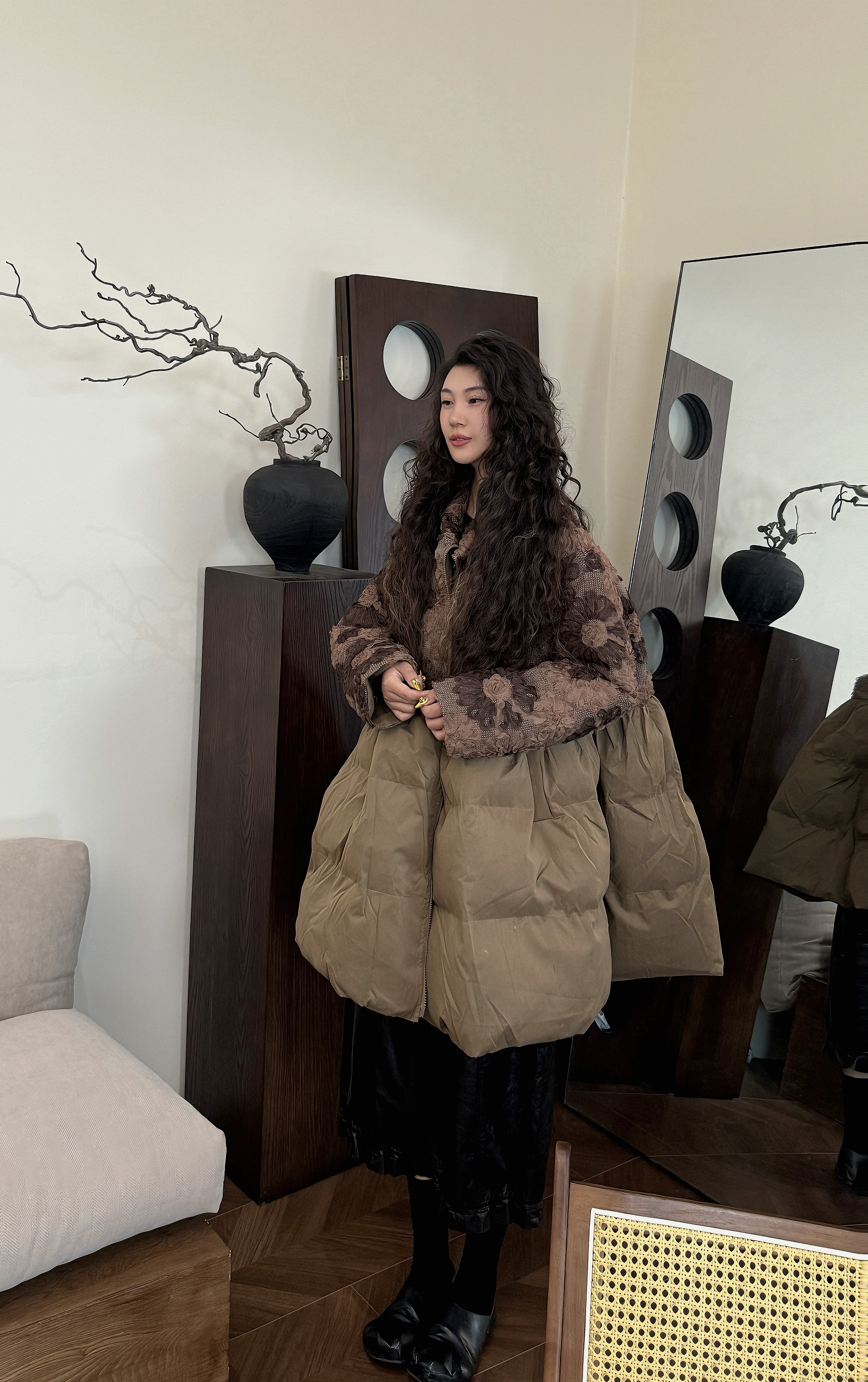 museguhui/木色古汇72591#拼接气质休闲宽松保暖蓬蓬款棉服