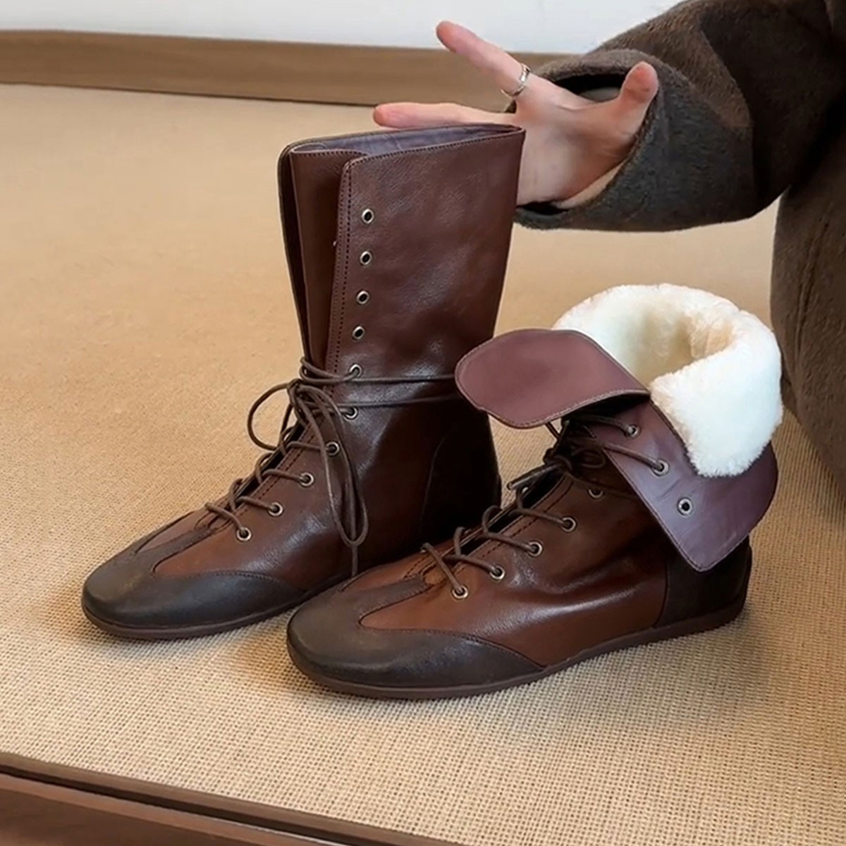 牛皮版~小众旧做百搭马丁靴女复古时髦加绒秋冬保暖拳击靴潮