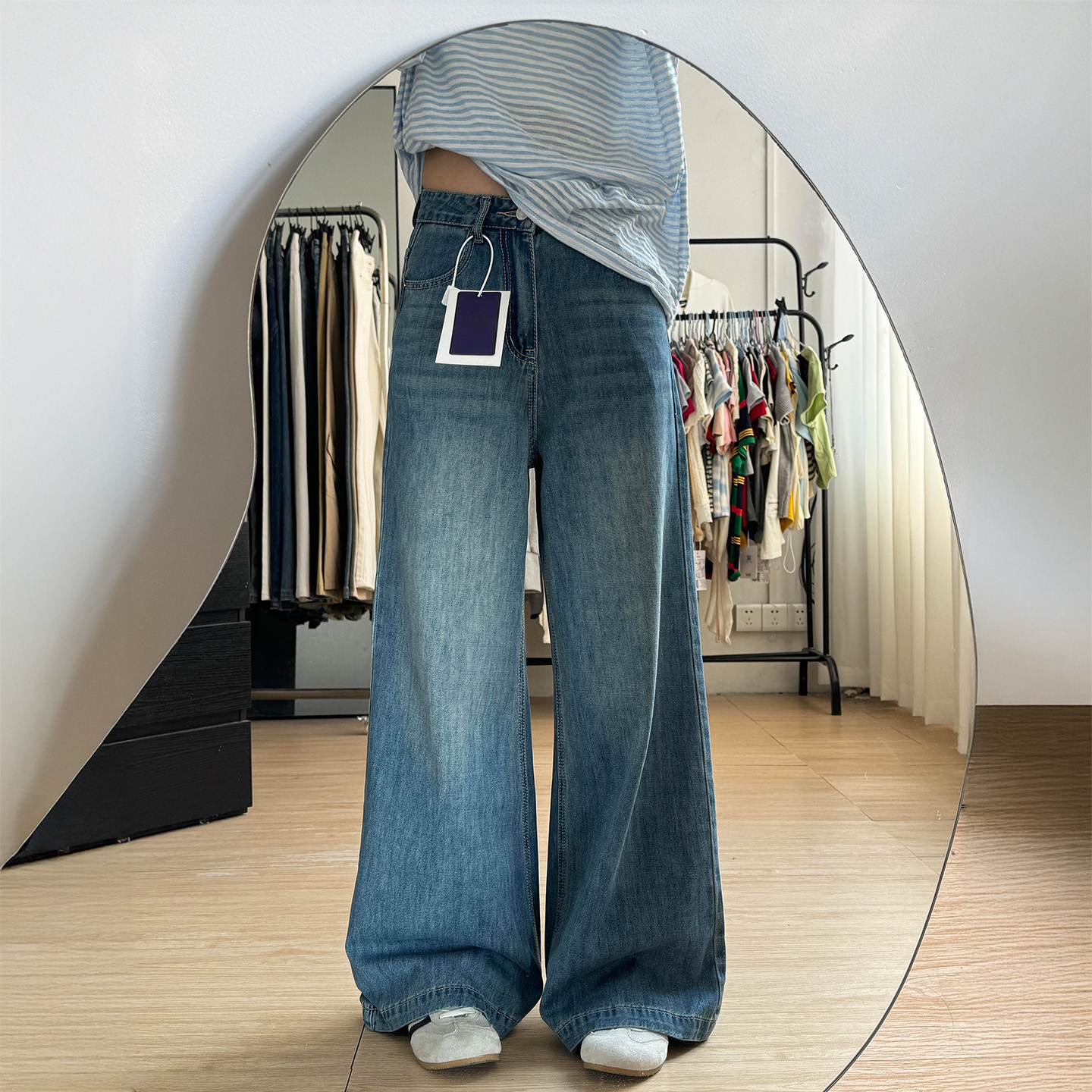 复古蓝水洗阔腿牛仔裤女秋季新款胖妹妹mm高腰宽松显瘦直筒阔腿裤