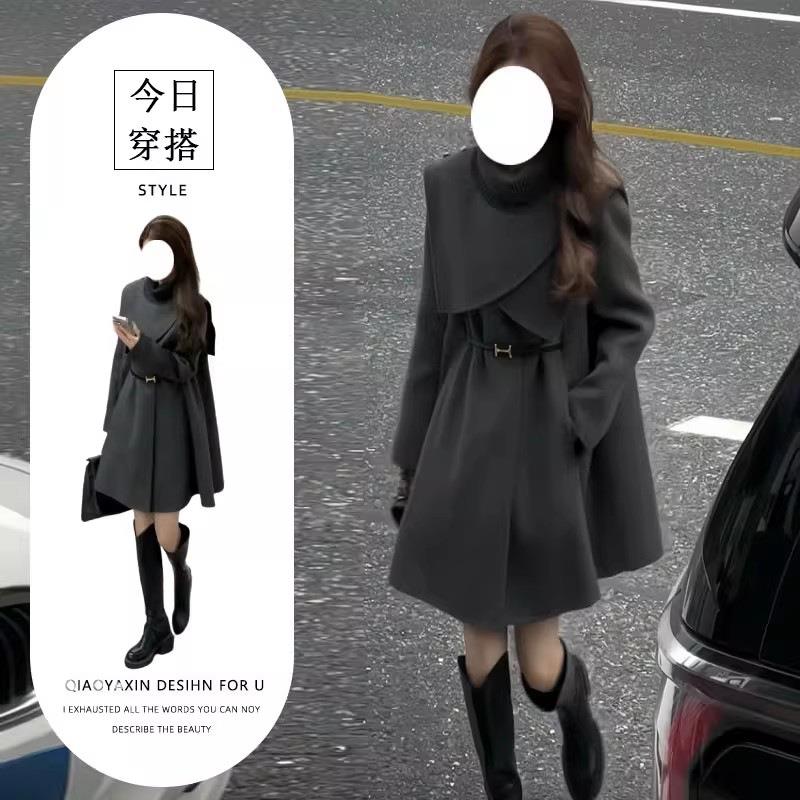 单件/秋季新款可拆卸斗篷毛呢大衣中秋季英伦风女款毛呢大衣
