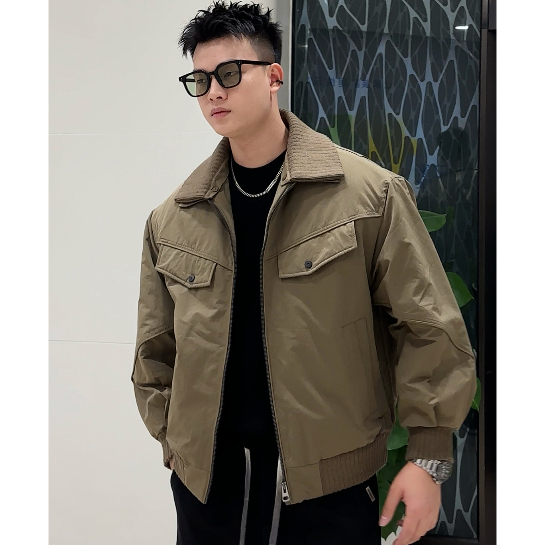 【衣工男】冬季新款美潮高级感哈灵顿针织螺纹双层领棉服夹克