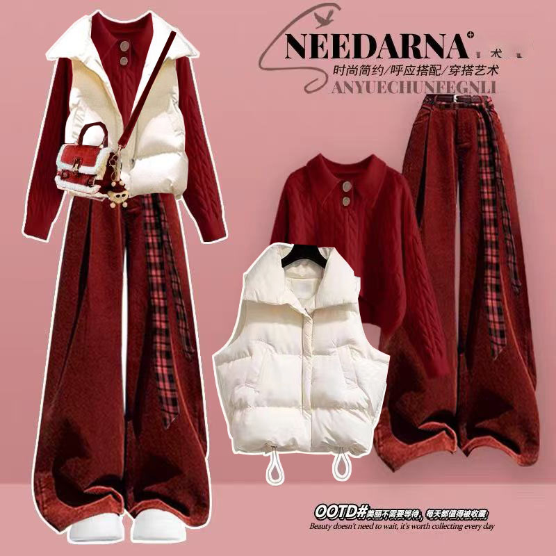 冬季套装女圣诞氛围感红色翻领毛衣马甲棉服时尚洋气阔腿裤三件套