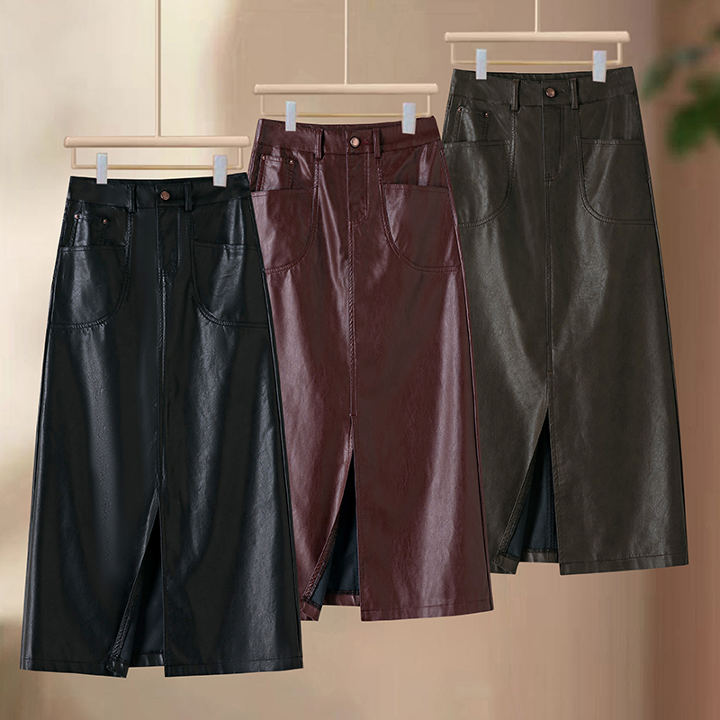 2025秋冬季高腰直筒半身裙女韩版时尚洋气皮裙中长款显瘦百搭裙子