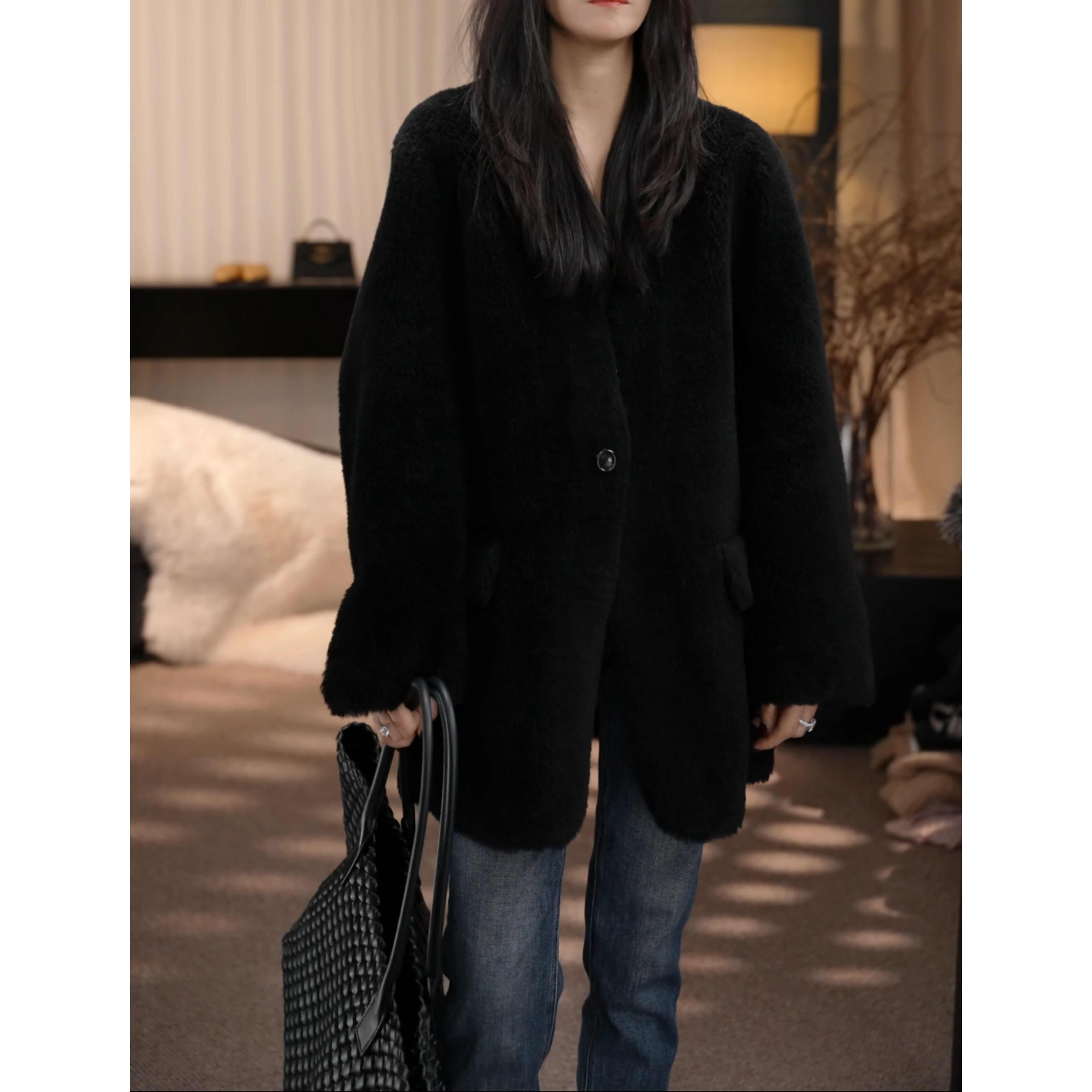 卢尚一粒扣V领毛毛衣700806