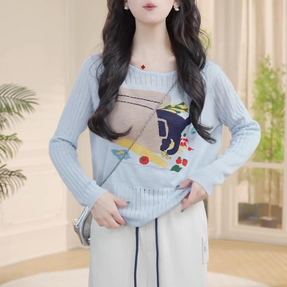 宽松百搭休闲卡通印花长袖圆领针织衫女士2025春秋季新款时尚上衣