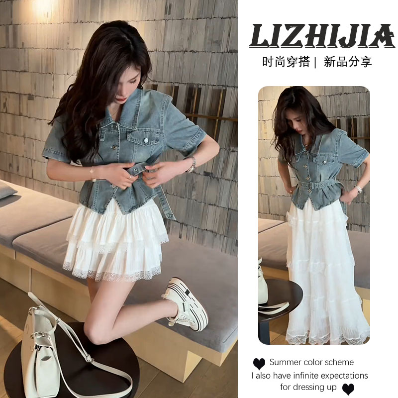 2025夏季新款时尚气质牛仔上衣蛋糕短裙搭配洋气修身小个子穿搭