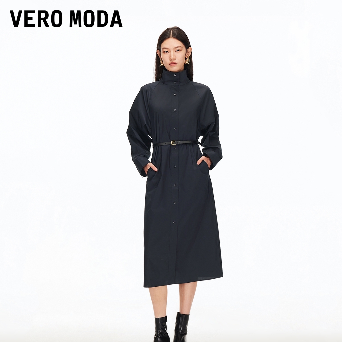 Vero Moda连衣裙2025秋季新款含棉捏褶腰带收腰中长裙气质显瘦