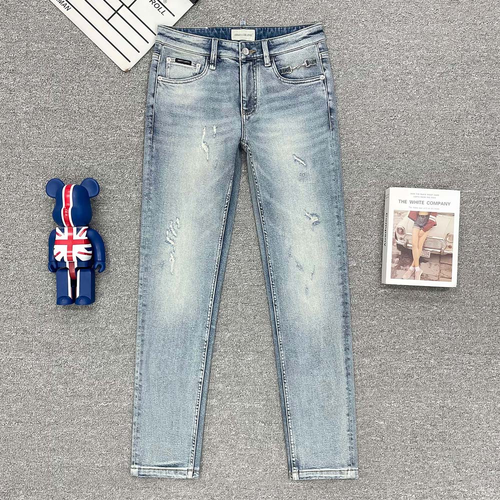 高端轻奢男士牛仔裤四季款微弹修身小直筒时尚水洗蓝色百搭长裤