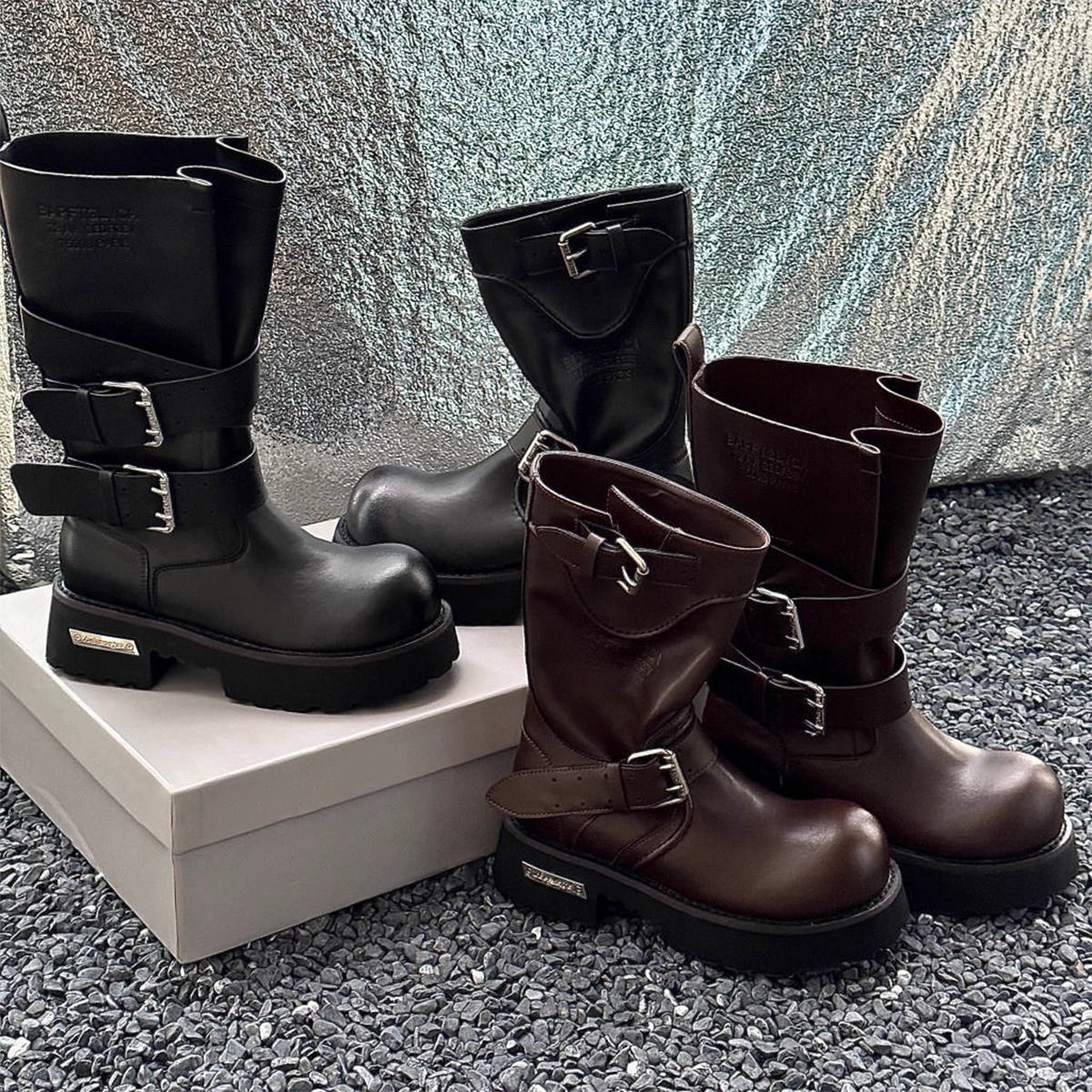 厚底中筒靴复古大头骑士靴毒液冬季爆款马丁靴女粗跟西部牛仔靴