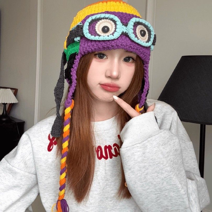 檀健次同款可爱搞怪毛线帽女秋冬2025新款针织飞行员帽保暖护耳帽