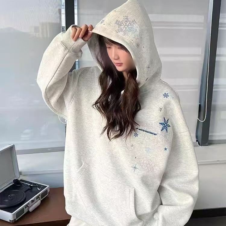 雪花刺绣卫衣女装百搭带帽欧美风秋冬薄款加绒加厚慵懒风小众新款