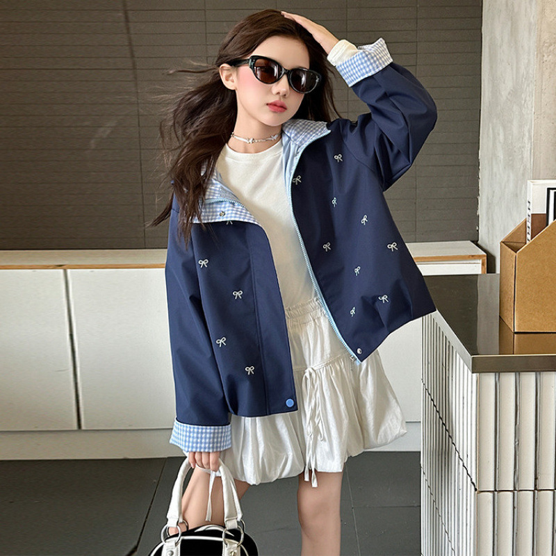 女童软壳冲锋衣春秋2025新款蝴蝶结格子拼接防风外套百搭拉链衫潮
