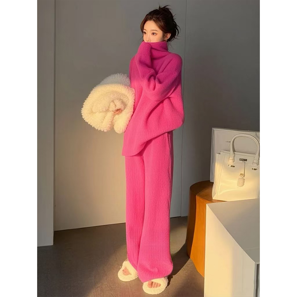 冬季穿搭一整套高级感时尚洋气宽松慵懒粉色高领毛衣休闲套装女