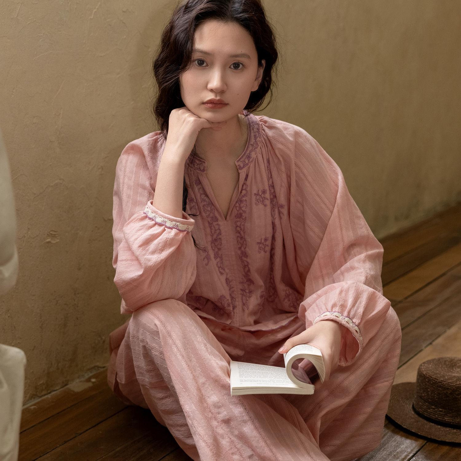 族玛士长袖睡衣女春秋季纯棉夏刺绣2025新款大码可外穿家居服睡衣