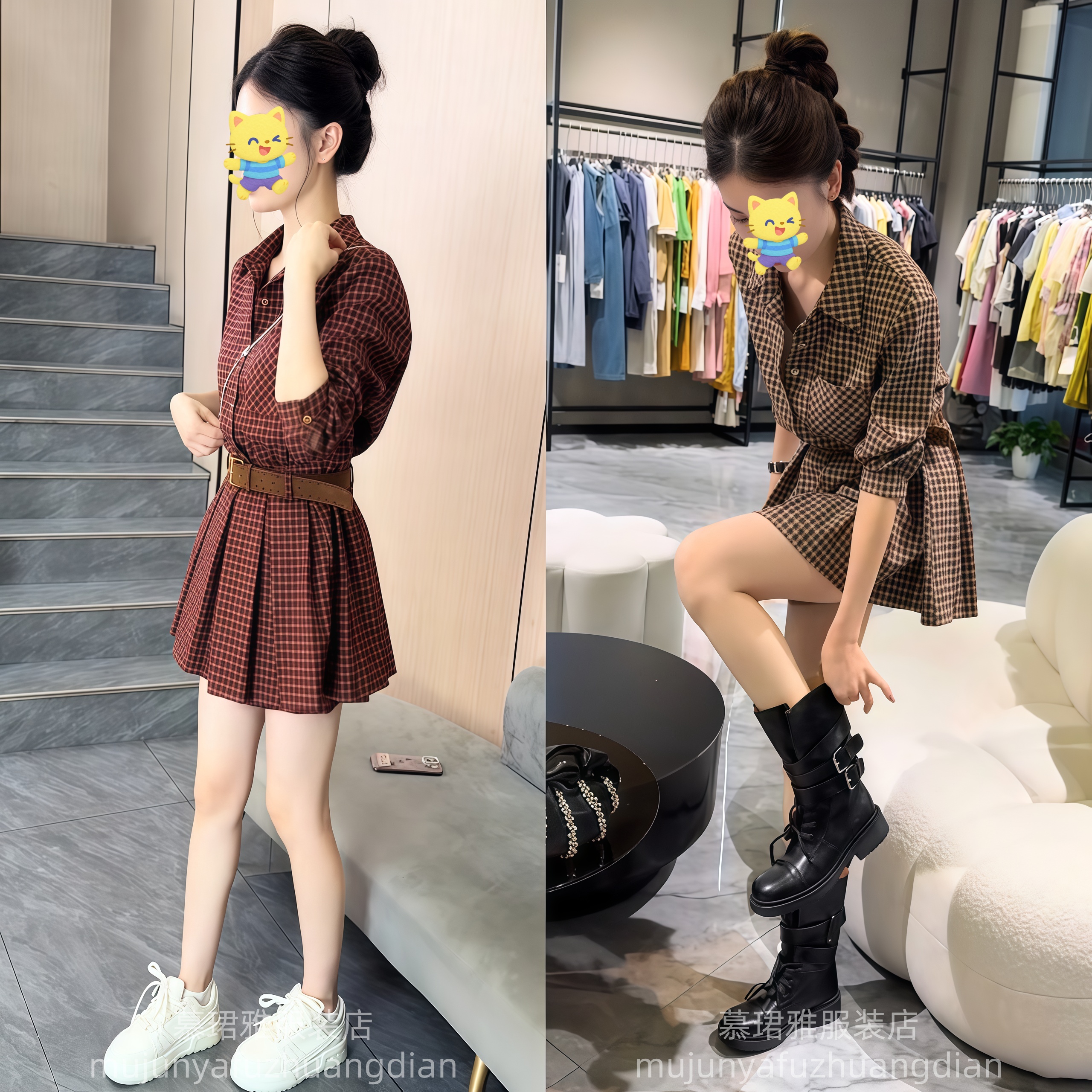 2025秋网红新款小个子格子套装女气质红色收腰显瘦衬衫连衣裙短裤