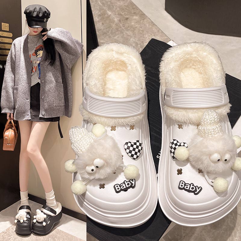 时尚加绒洞洞棉拖鞋女秋冬季新款外穿EVA增高软底毛毛绒包头棉鞋