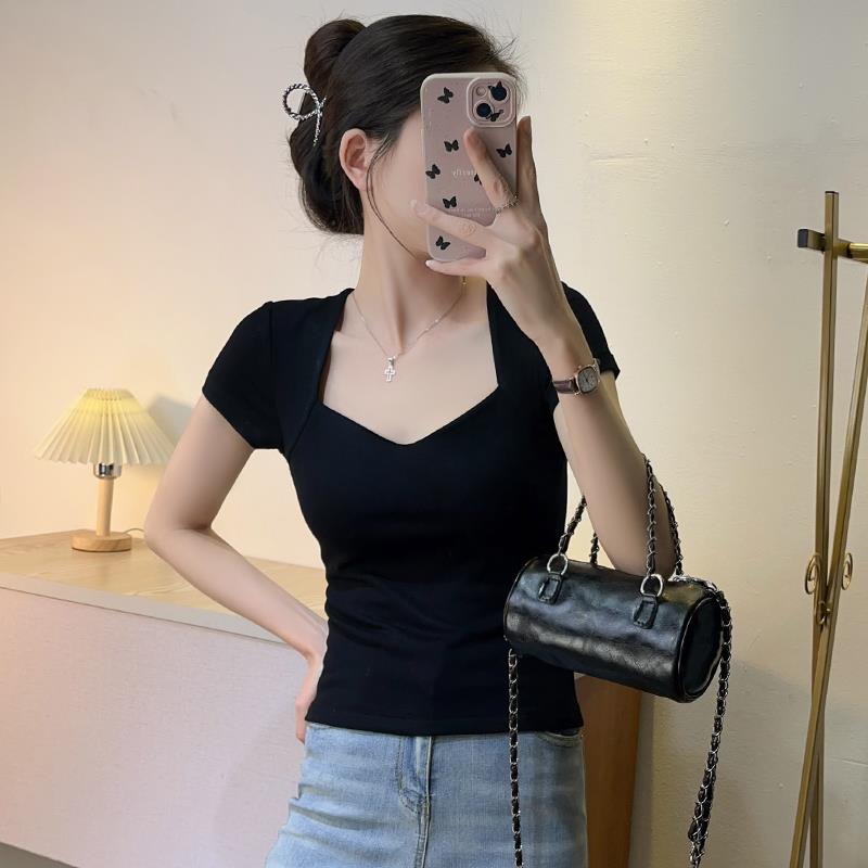 法式正肩领短袖恤夏季2025新款设计感黑色高腰修身高级感上衣女