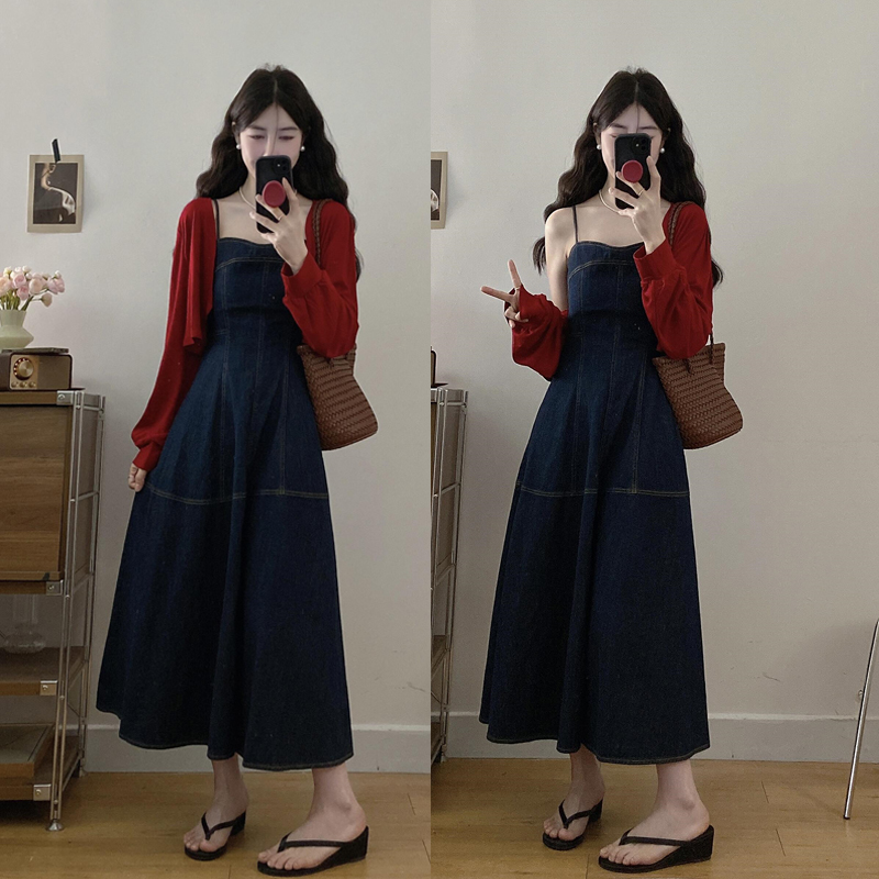 大码牛仔连衣裙气质新款高腰显瘦高级感复古吊带裙长款洋气开衫