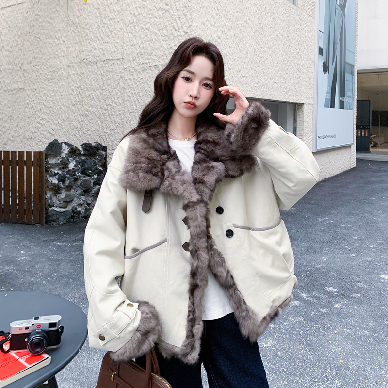 韩系高端两面穿仿兔毛皮草外套女短款廓形派克服2025新款百搭上衣