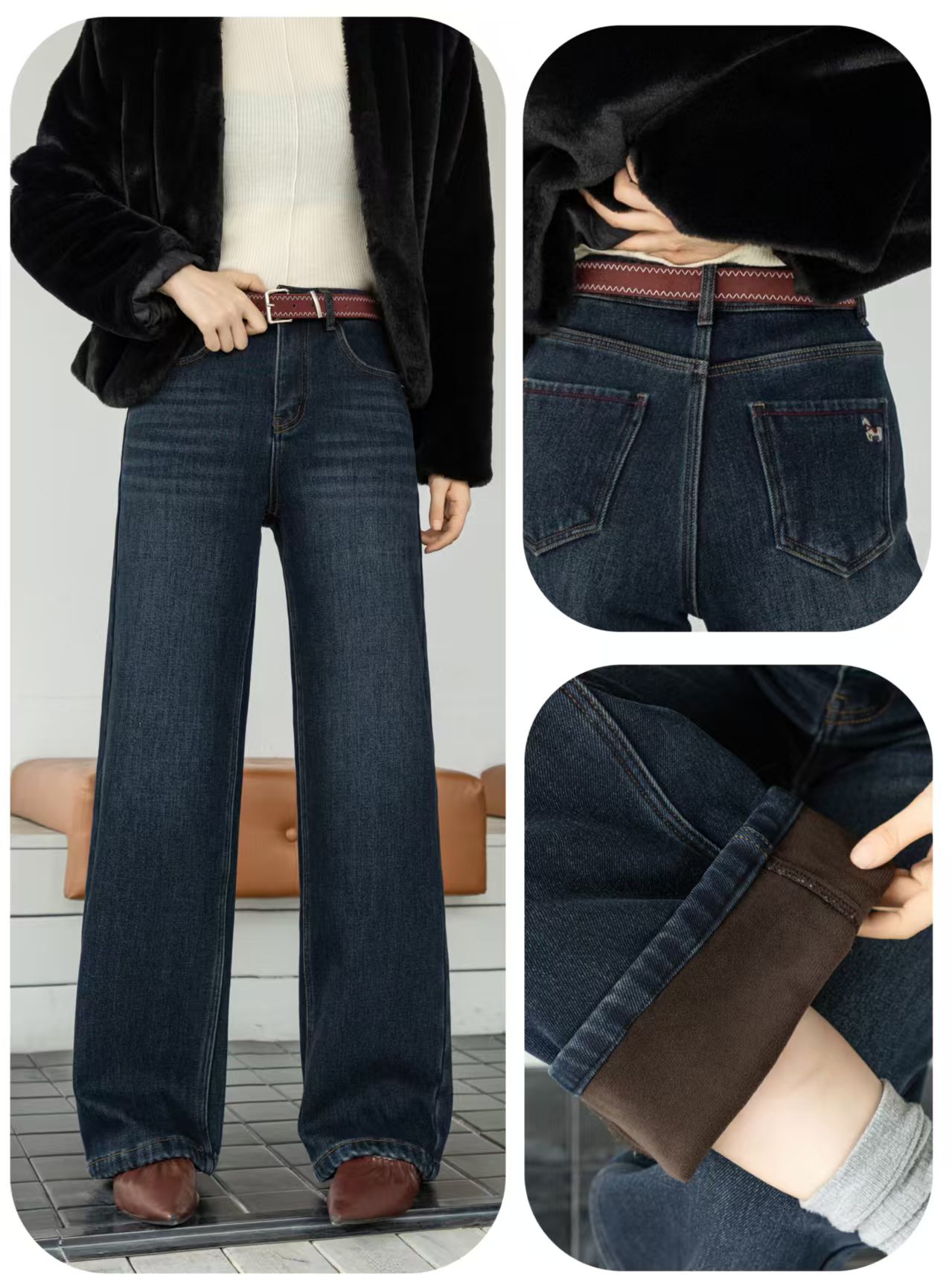 【卿她】欧货爆款加绒厚款百搭显瘦窄版牛仔直筒裤
