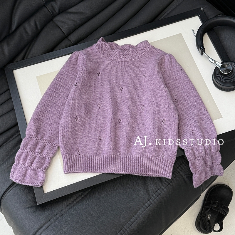 现货【紫铃兰】阿卷秋冬女童镂空小花泡泡袖打揽毛衣针织衫MPG7539