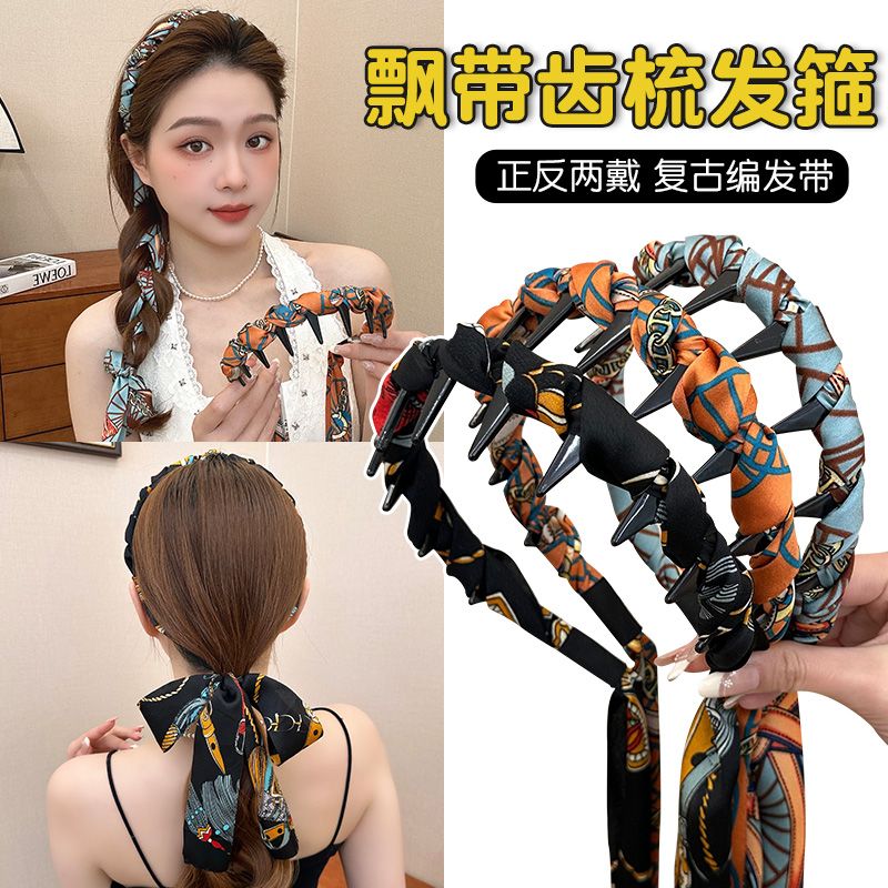 繁花飘带发箍新款旅游链条麻花辫穿搭飘带编发发箍复古森女头饰
