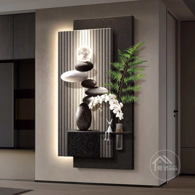 《石来运转》现代轻奢玄关装饰画走廊过道挂画砂岩水培绿植入户壁画