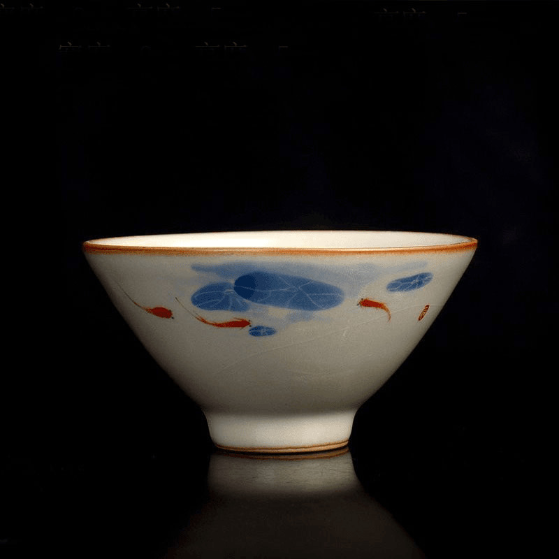 米黄汝窑鱼戏莲叶功夫茶杯主人杯单个陶瓷家用喝茶盏汝瓷开片可养