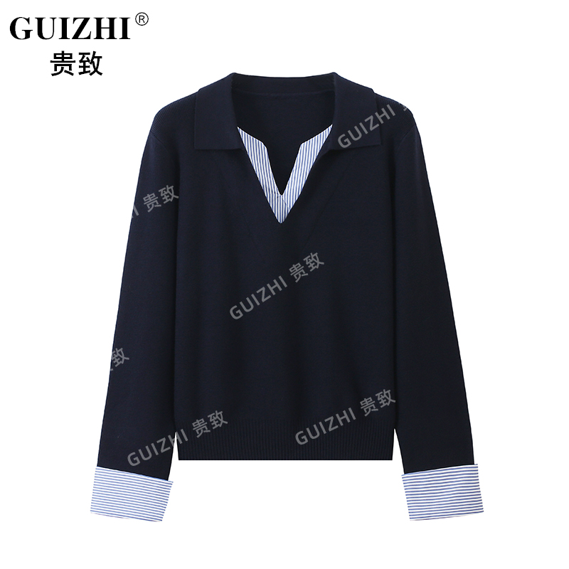 设计感假两件撞色拼接条纹针织衫女早秋新款小众显瘦V领长袖上衣