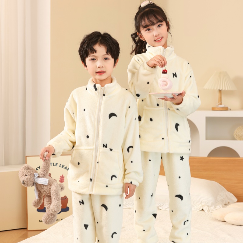儿童睡衣秋冬款拉链加厚加绒珊瑚绒女孩大童2025新款法兰绒家居服