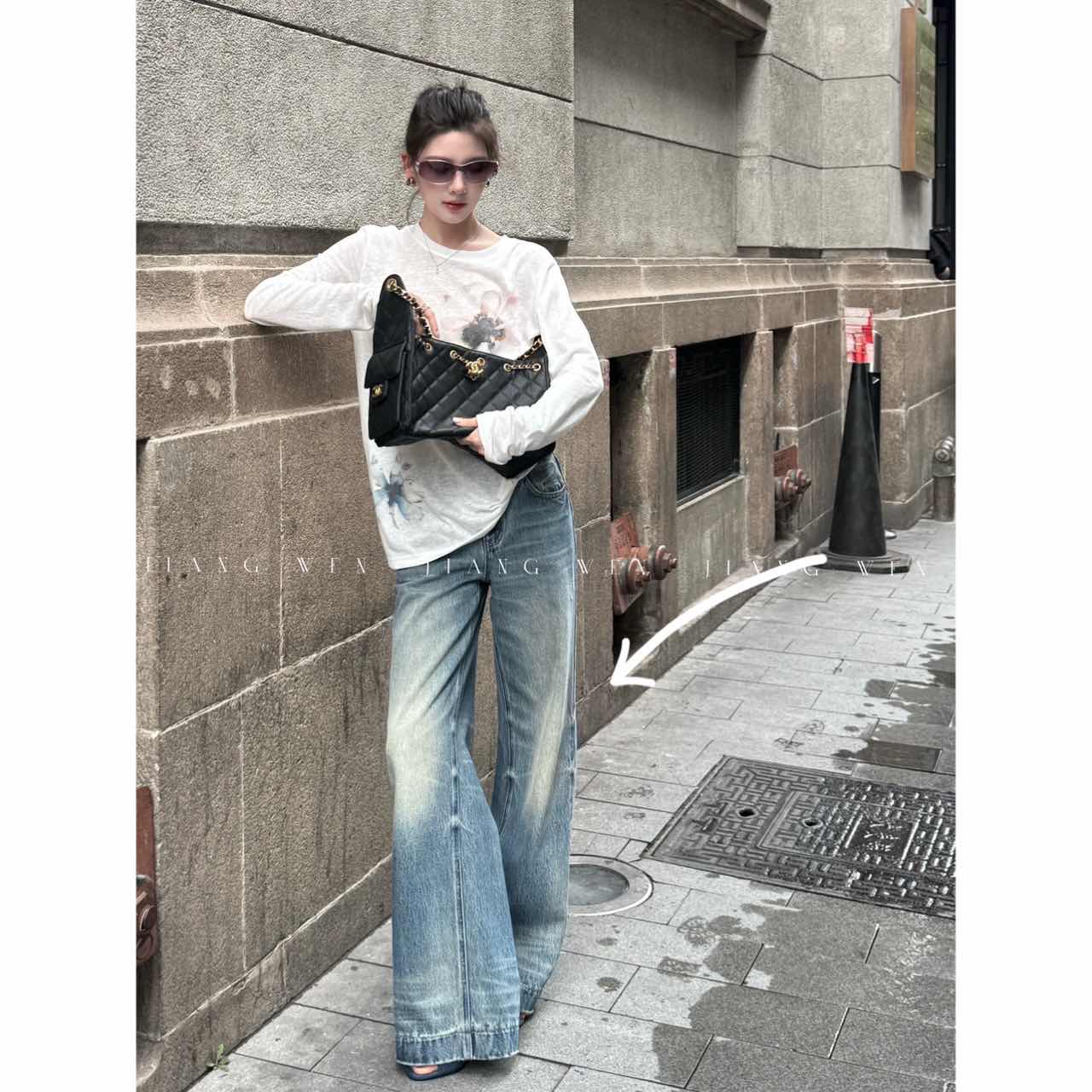 【唱片牛仔 】定制美式水洗做旧宽松牛仔裤阔腿裤