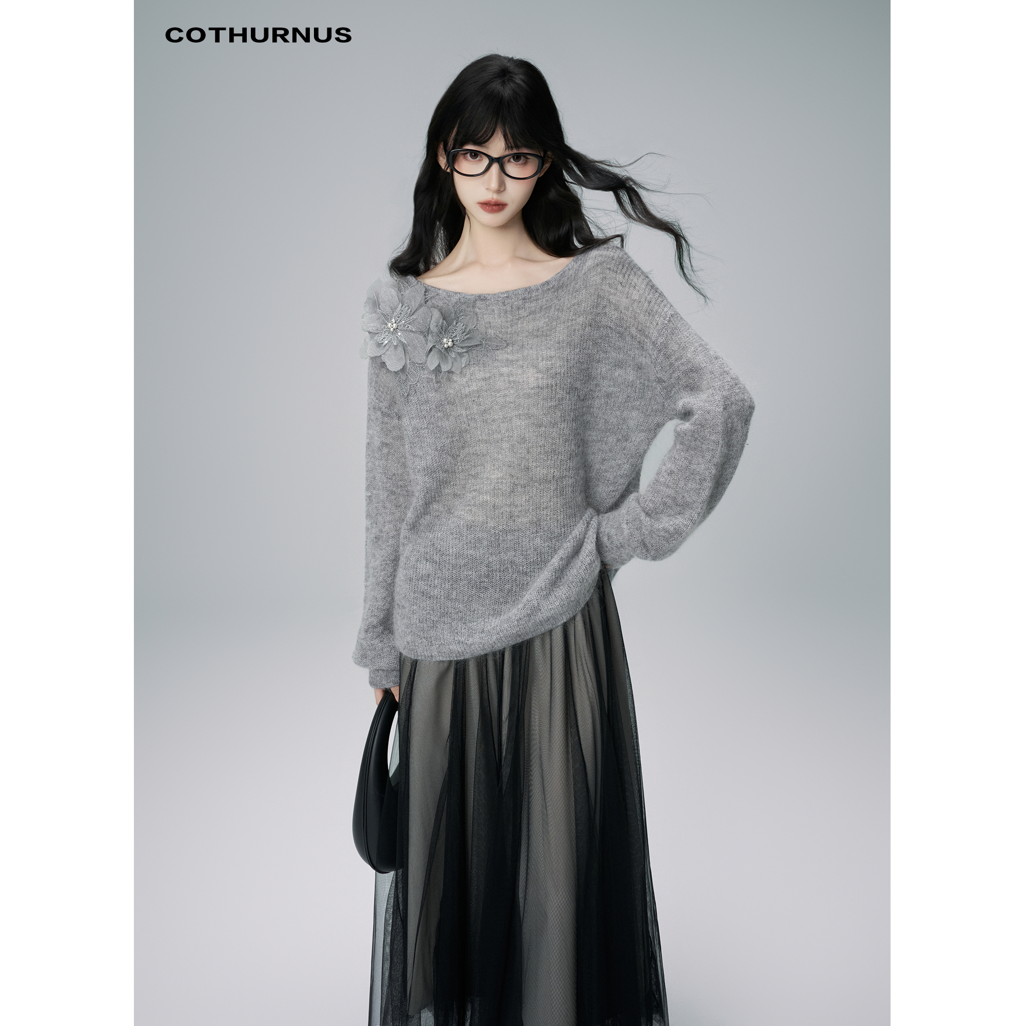 COTHURNUS | 初秋温柔立体花朵上衣女秋季新款马海毛套头宽松毛衣