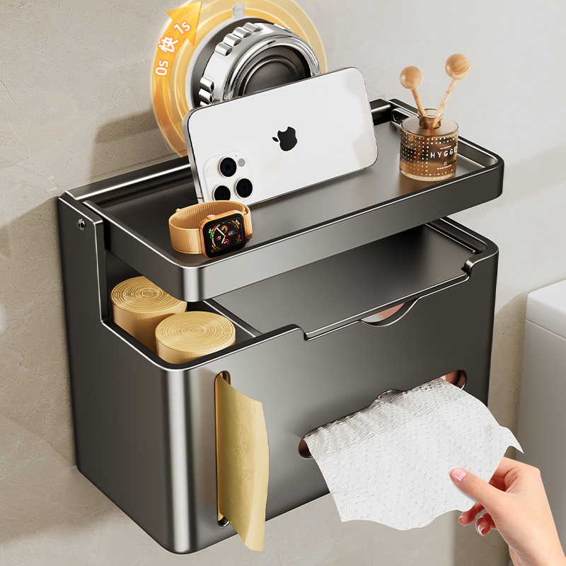 吸盘式免打孔卫生间纸巾盒可放置抽纸卷纸垃圾袋浴室多功能置物架