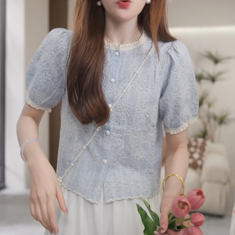 2025夏季新款设计高级感镂空蕾丝花边蓝色衬衫LK2502613