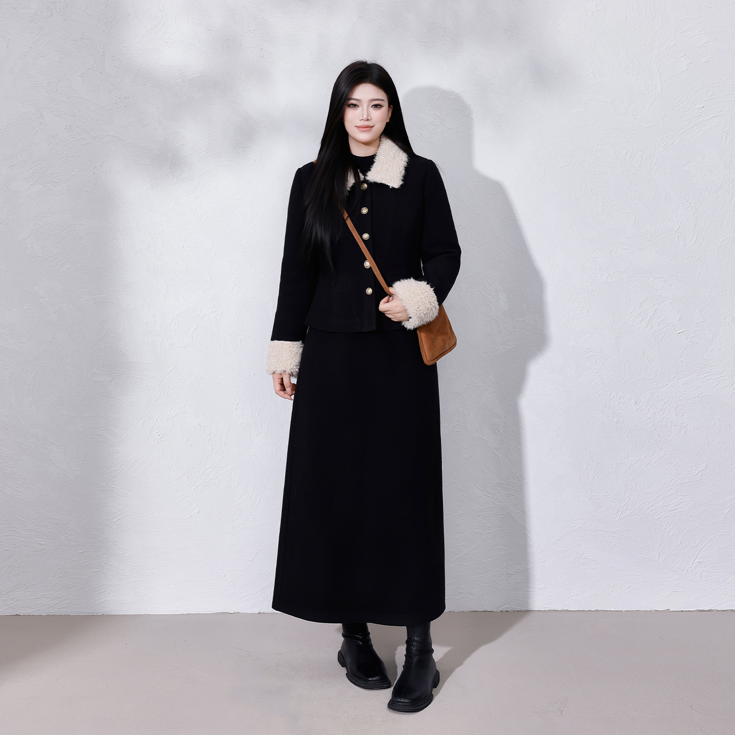 【暖冬】蛋妹大码女装微胖mm冬复古羊羔毛拼接外套半裙套装DM33556