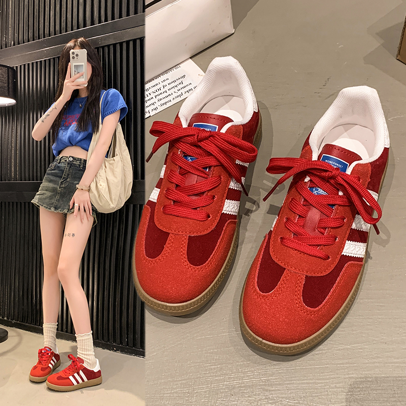 红色真皮德训鞋女款2025秋季新款爆款韩版轻便百搭不累脚平底板鞋