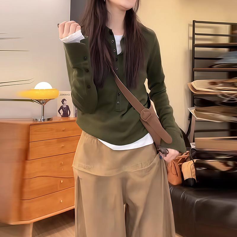 复古辣妹V领长袖针织打底衫女秋冬半开领高级感修身显瘦内搭上衣