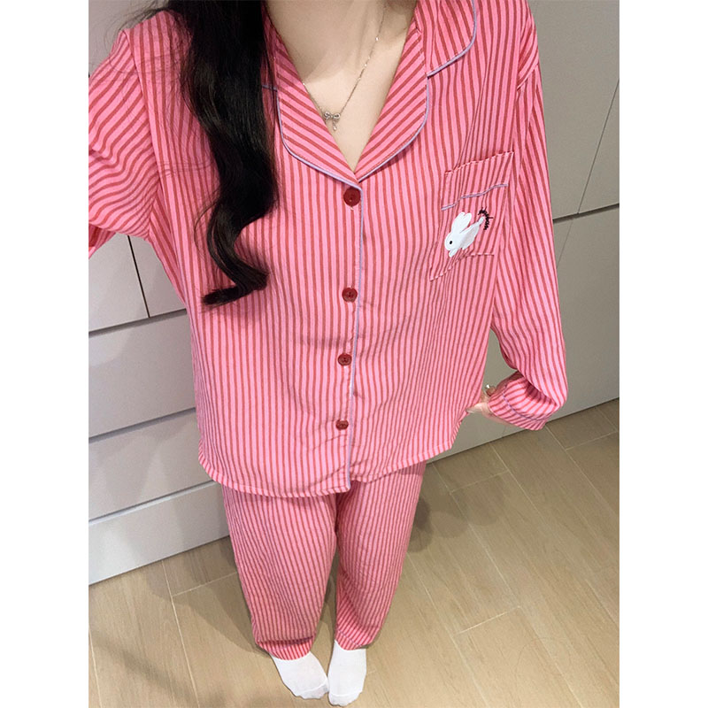 2025春秋款可爱卡通兔子口袋睡衣女条纹甜美风休闲长袖长裤家居服