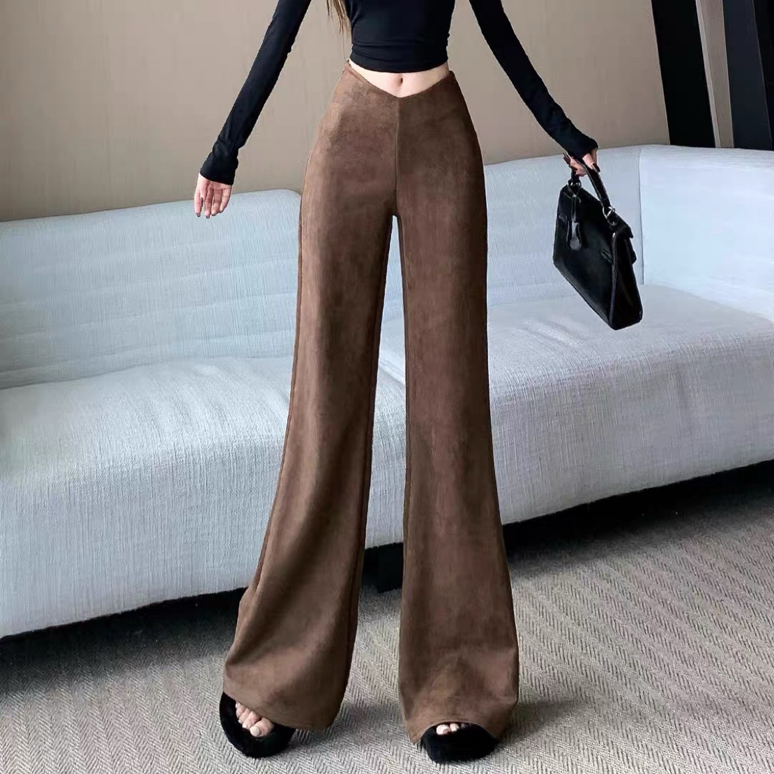 美式复古美拉德麂皮绒阔腿微喇叭裤女秋冬高腰垂感宽松直筒休闲裤