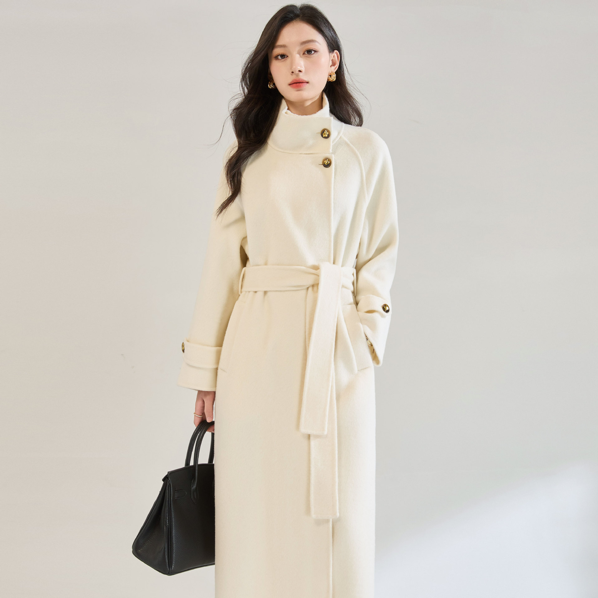 25冬季新款立领双面羊毛大衣女系带中长款收腰过膝毛呢外套25595