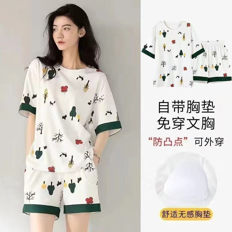 带胸垫春夏季睡衣女士短袖短裤夏天薄款大码免穿文胸可外穿家居服