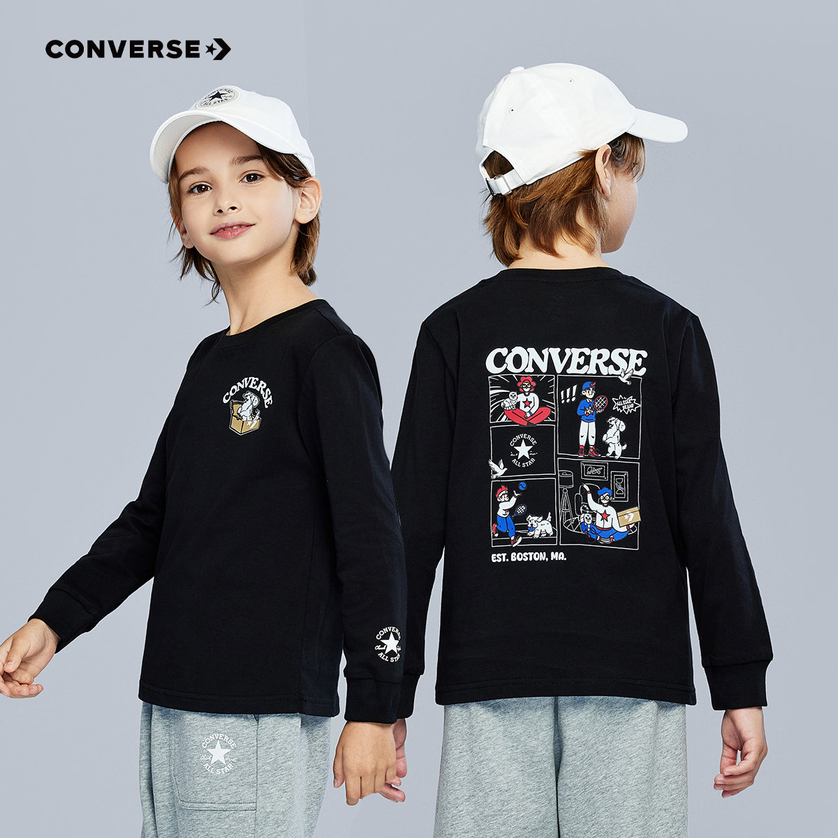 Converse匡威儿童童装T恤男童长袖2025秋冬纯棉中大童J974-J972