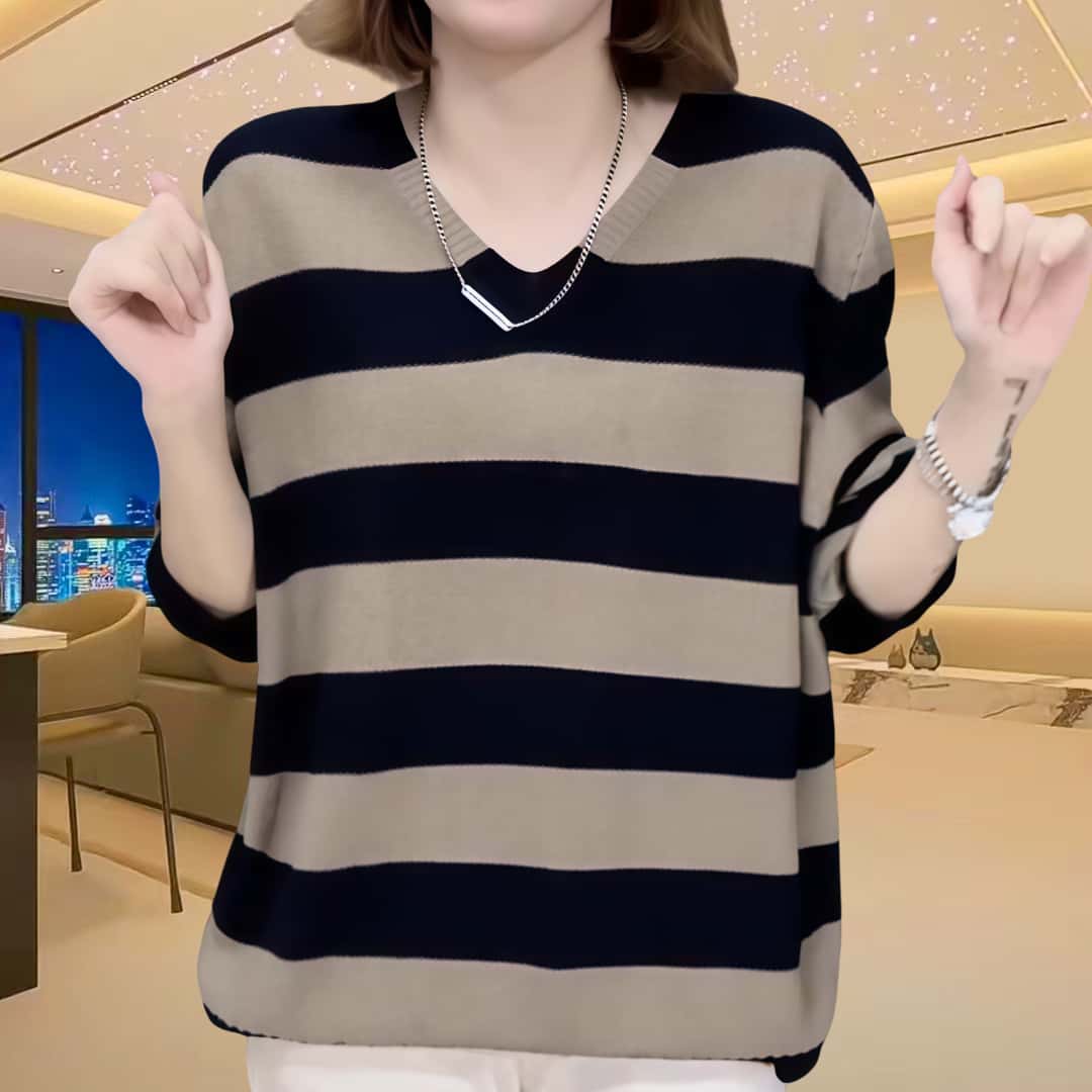 宽松条纹针织衫上衣女2025早秋休闲时尚大码厚款V领套头毛衣打底